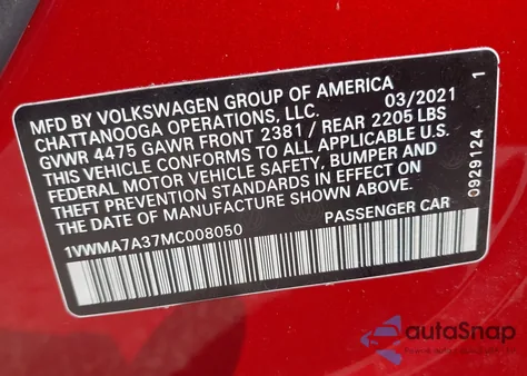 2021 Volkswagen Passat 2.0T R-Line z USA, uszkodzony, nr VIN 1VWMA7A37MC008050